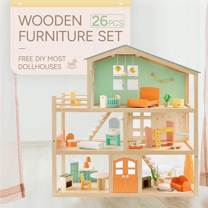 Giant bean 26 Pcs Large Wooden Dollhouse Furniture 5 Set - Image 6