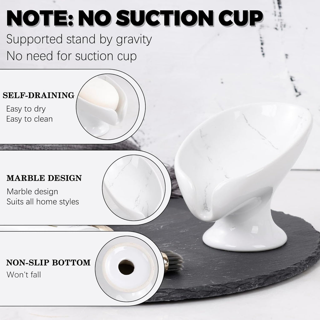 Soap Dish, Self Draining Bar Soap Holder for Bathroom Sink, Leaf Shaped Drainage Ceramic Marble Porcelain Decorative Soap Dish, No Suction Cup, ANTIS'S HOME