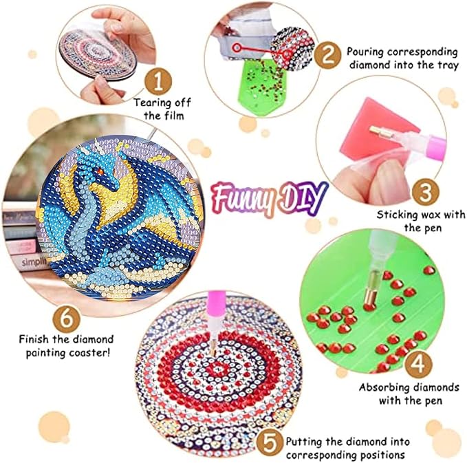 Zythron 8 Pack Diamond Art Coasters, Dragon Diamond Painting Coasters Kits | - Image 3