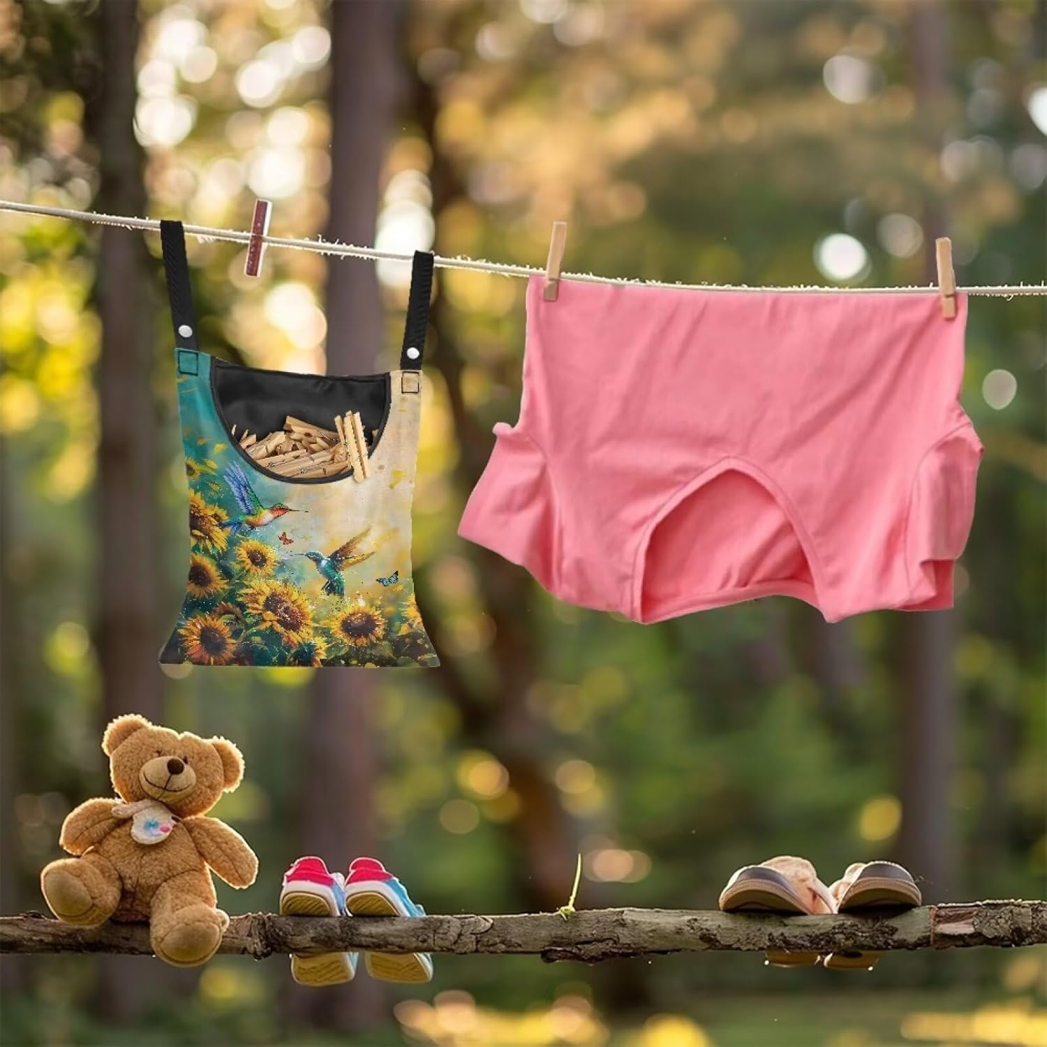 Clothes Pin Hanging Bag with Big Opening Storage Clothes Pins & Mini Clothespins，Hanging Laundry Bag Fits Retractable Clothes Line Outdoors（Hummingbird Sunflower）