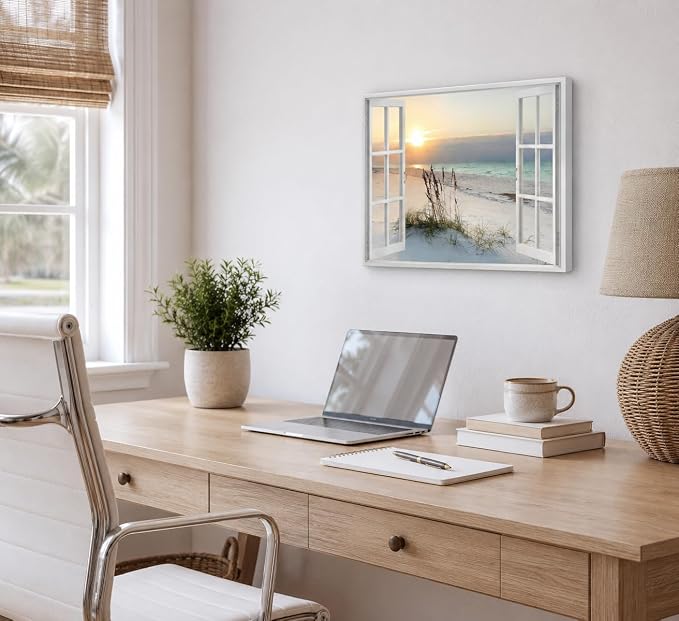 LRTNMTJ Beach Window Sunset Canvas Wall Art Fake Window Ocean Coastal Wall - Image 6