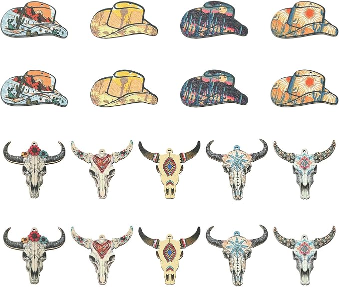 18 pcs 9 Styles Western Cattle Theme Wood Cutout Charms Cow Cap Hat Animal Wood by Gythara