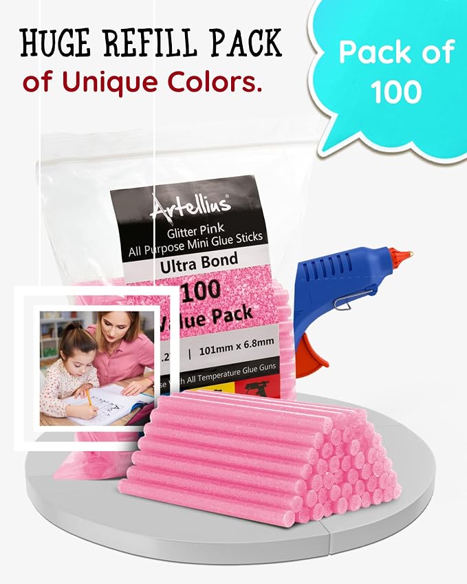 Artellius - Pink Glitter Hot Glue Sticks 4" x.27" - Ultra Bond Hot Melt - Image 2