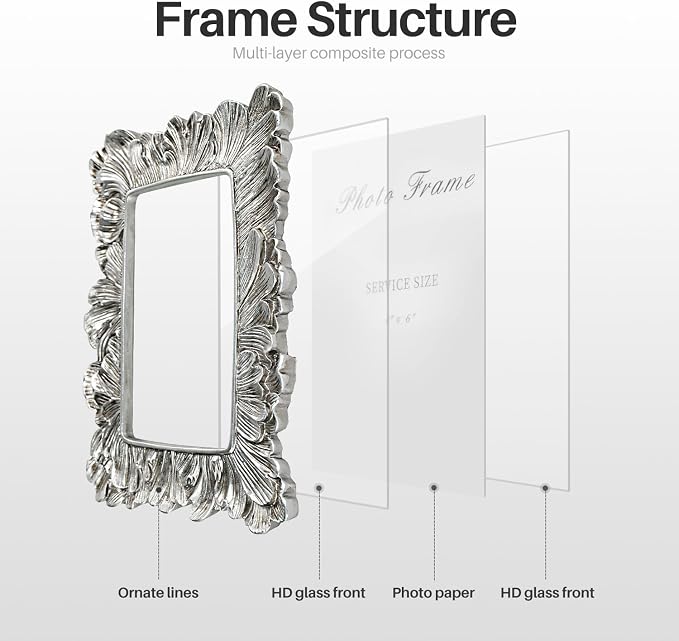 Cuspin 4x6 Picture Frame Silver, Vintage Ornate Palm Leaves Textured - Image 5