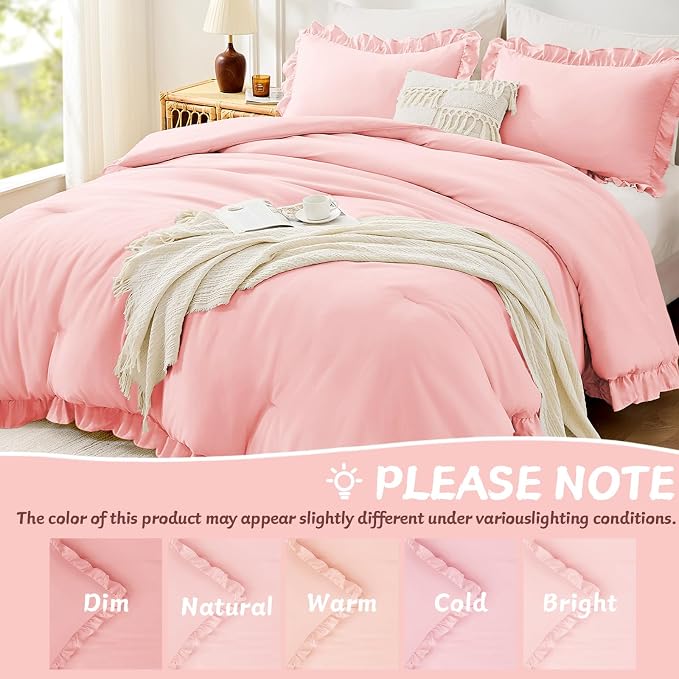 FUANNA Pink Queen Comforter Set, 3 Pieces Ruffle Queen Bed Set, Fluffy Bed in a - Image 6