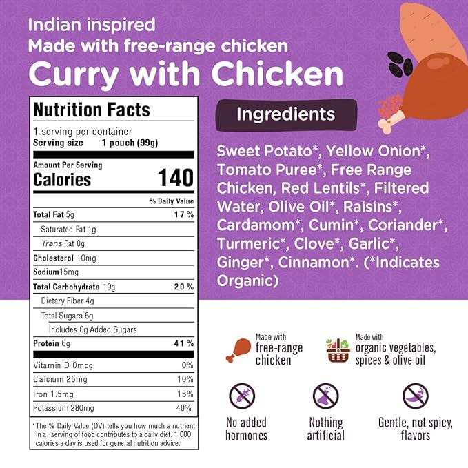 Li’l Hala Curry Chicken Baby Food Pouches – Free-Range Chicken & Organic Veggies – Protein & Healthy Fats – Toddler Meat Puree Meals for 6+ Months – No Hormones – 3.5 oz (12 Pack)
