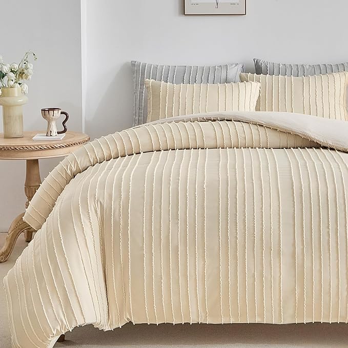 WARMDERN Khaki Boho Duvet Cover Twin Size, Striped Textured Duvet Cover Tufted - Image 7