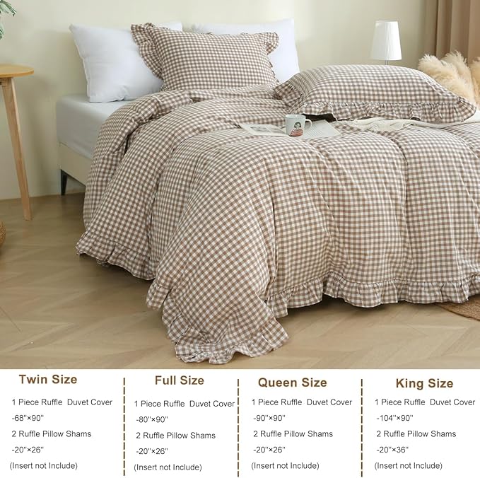 Silnuo Taupe/White Plaid Ruffle Duvet Cover King Size, 100% Washed Cotton 3 Pcs - Image 4