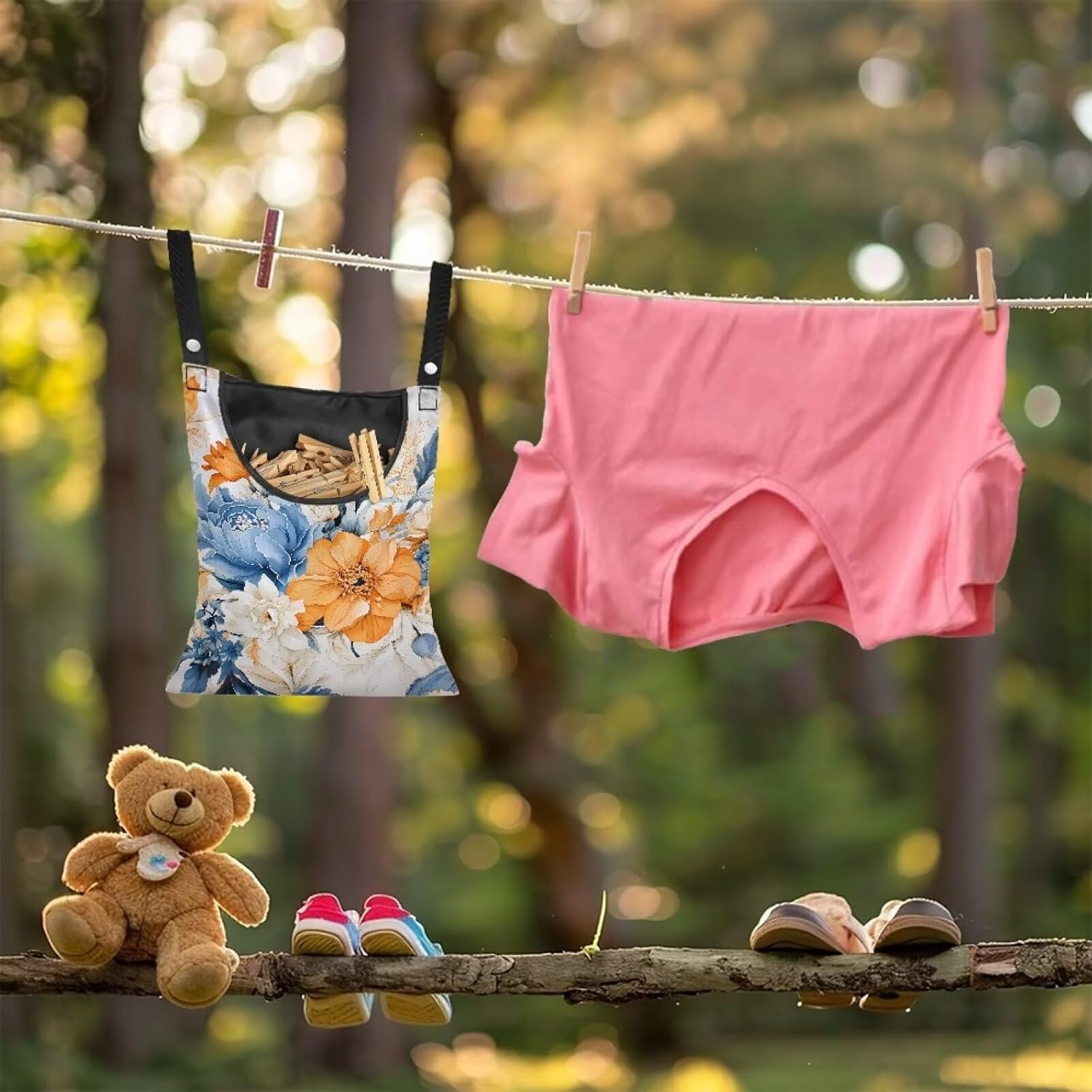 Art Flowers Clothespin Bag with Hanging Hook Summer Laundry Clothes Pin Holders Waterproof Clothes Pin Hanging Bag Clothespin Storage Organizer with Large Opening