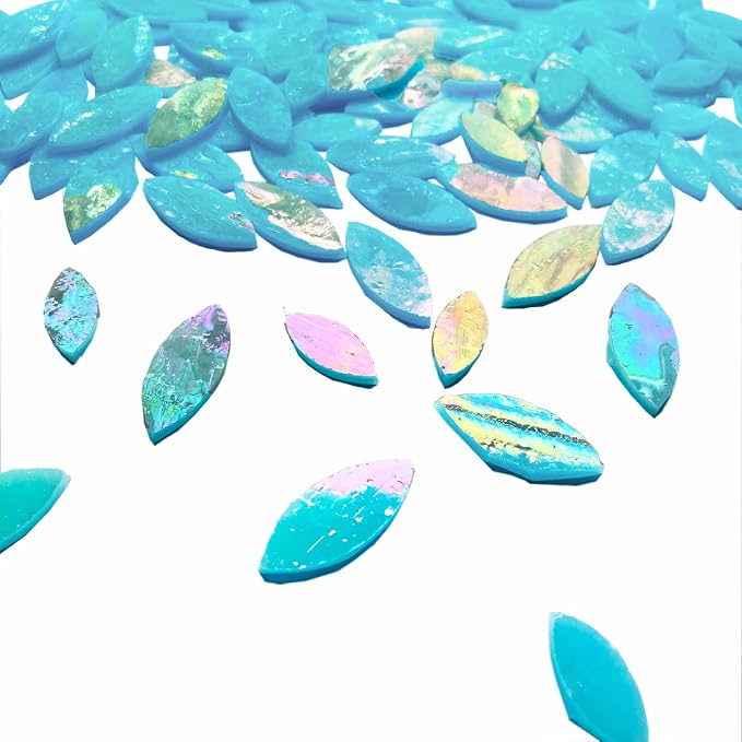 120 Pcs Iridescent Aqua Mosaic Tiles, Hand Cut Stained Glass Petals, Floral - Image 5