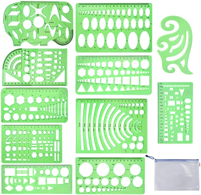 11 Pieces Geometric Drawings Templates Stencils Plastic Measuring Template by QincLing