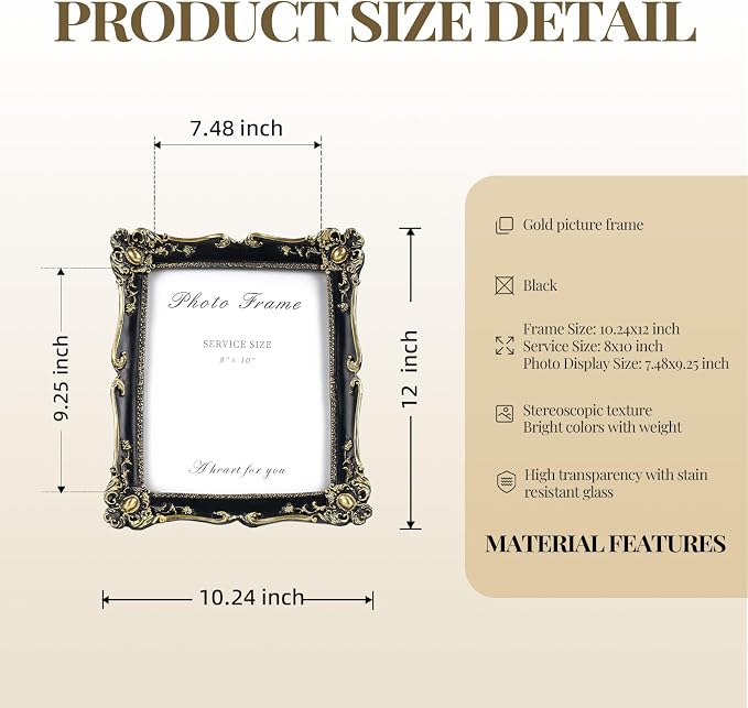 Cuspin 8x10 Picture Frame Black and Gold Frames, Vintage Ornate Resin Photo - Image 6