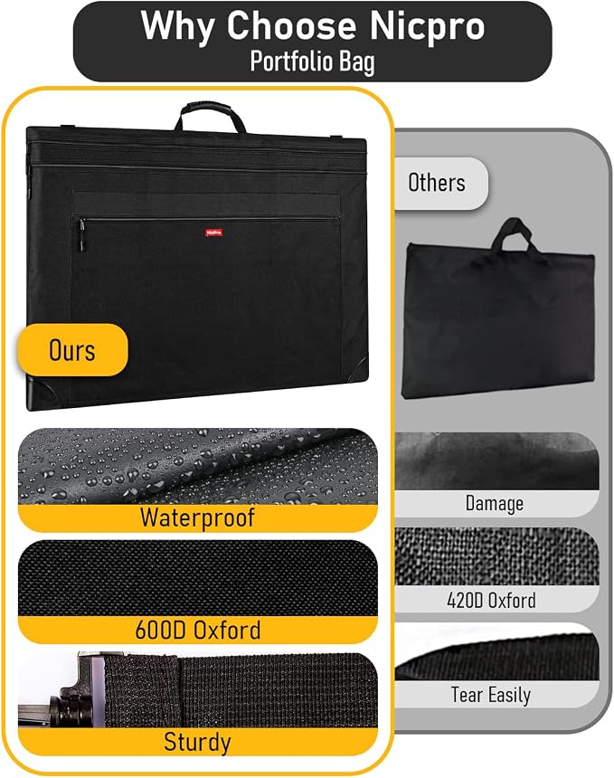 Nicpro Light Weight Art Portfolio Bag, 18x24 Black Art Canvas Portfolio Case - Image 7