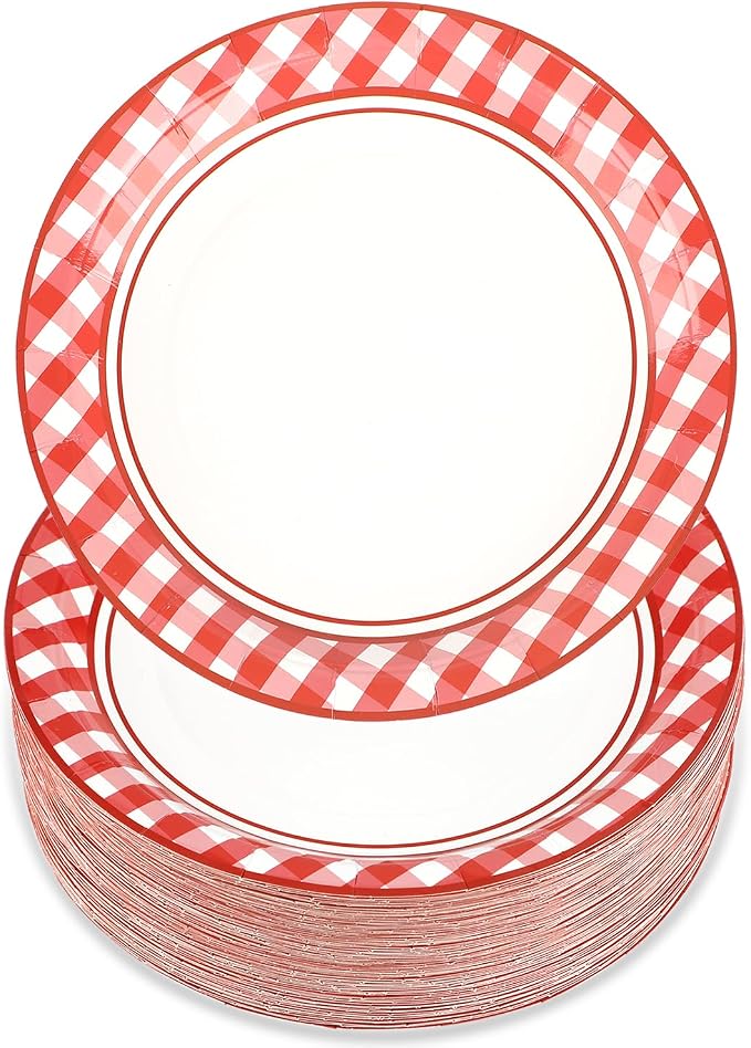 100 PCS Red and White Checkered Plates, Disposable 7 Inch Plaid Paper Dessert by Unknown