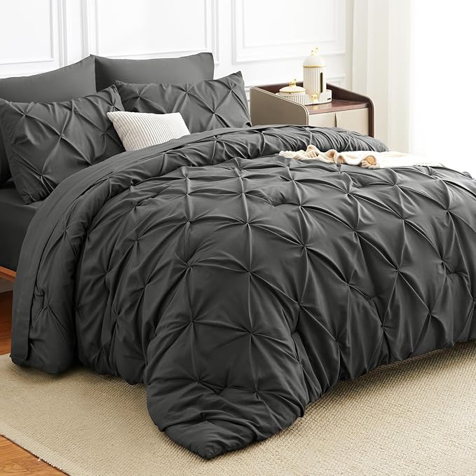 HIMEET Pintuck Bed in a Bag, 7 Pieces King Size Comforter Set Dark Grey by Unknown