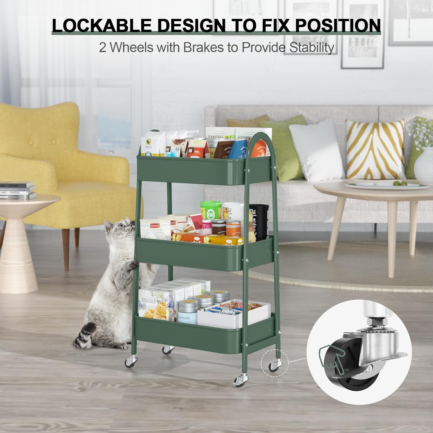 EAGMAK 3 Tier Utility Rolling Cart, Metal Storage Cart with Handle and Lockable Wheels, Multifunctional Storage Organizer Trolley with Mesh Baskets for Kitchen, Living Room, Office, Garage (Jungle)