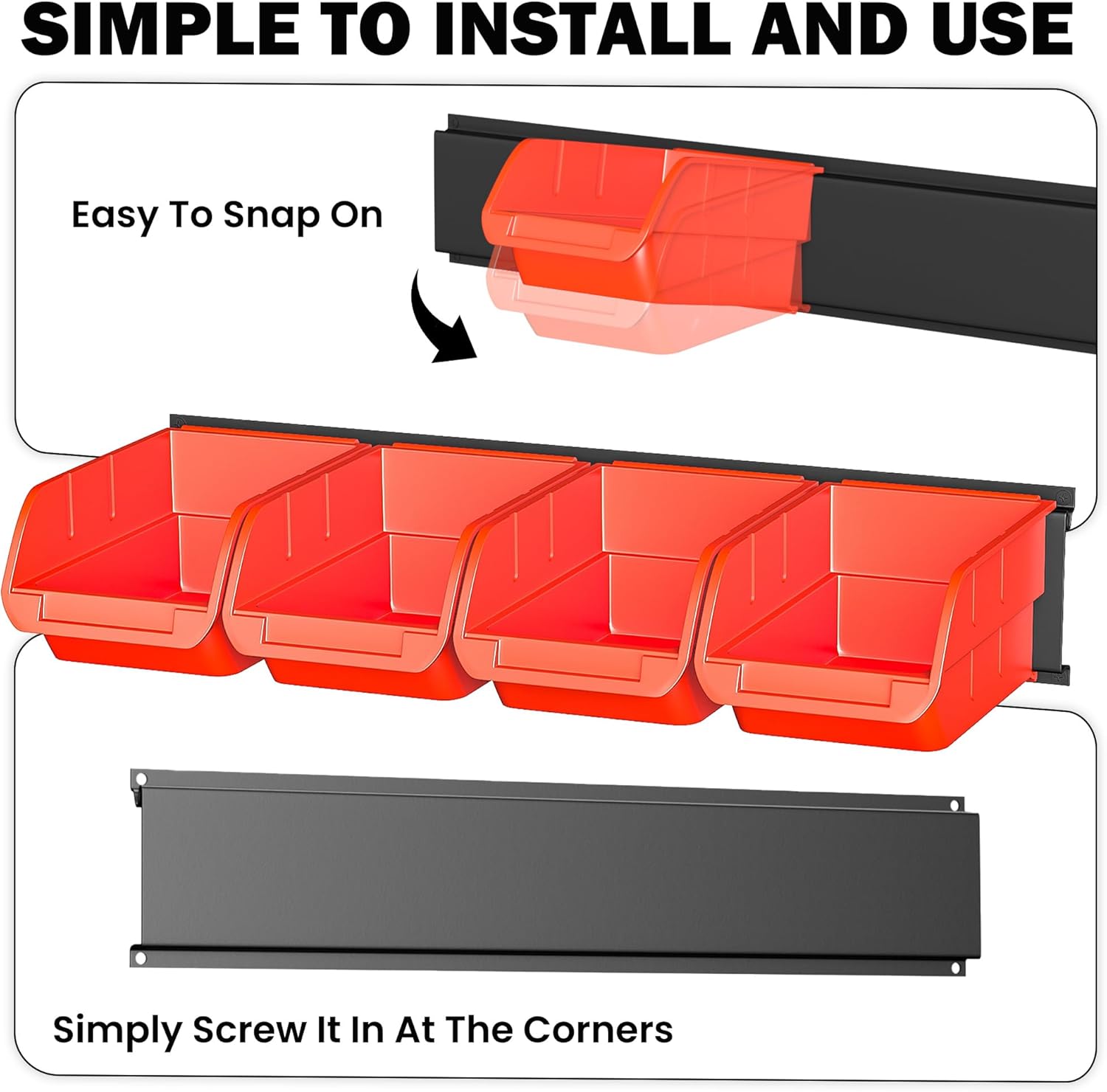 Ultrawall Wall Mounted Storage Bins, Plastic Hanging Storage Organizer Bins, Garage Tool Storage System for Screws, Nuts, Bolts, Nails, and Small Hardware Parts, 16x bins & 4 x rails, Orange