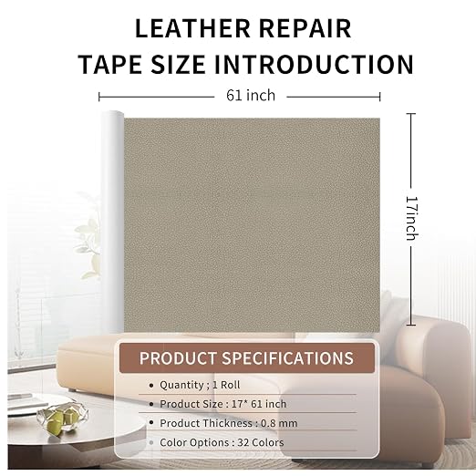 Leather Repair Patch Tape, Medium Grey Beige 17 x 61 Inches Self Adhesive - Image 2