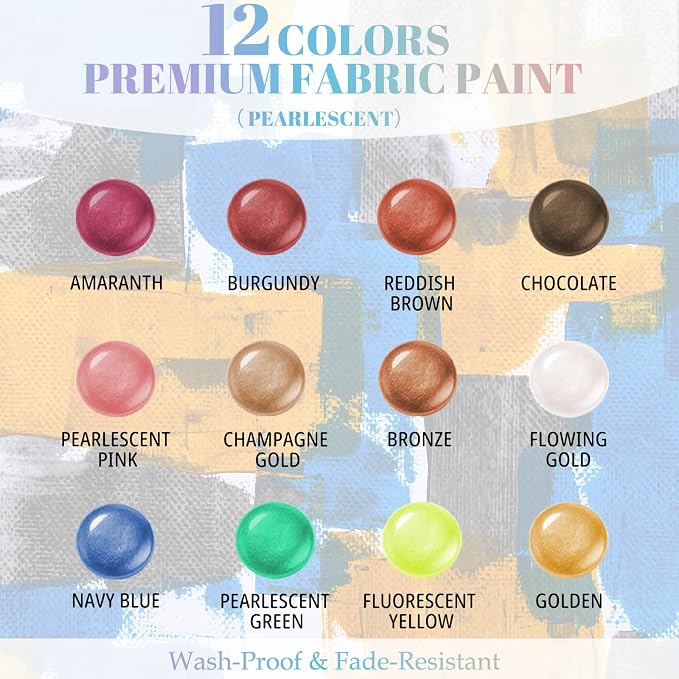 Fabric Paint Set, Pearlescent 12 Vibrant Colors Permanent Textile Paint - Image 2