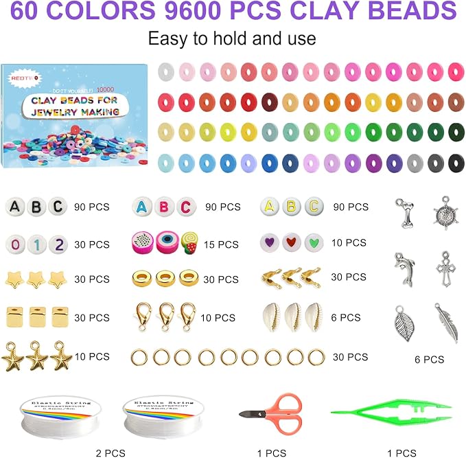Redtwo 10000 Pcs Clay Beads Bracelet Making Kit, 3 Boxes 60 Colors Flat Preppy - Image 3