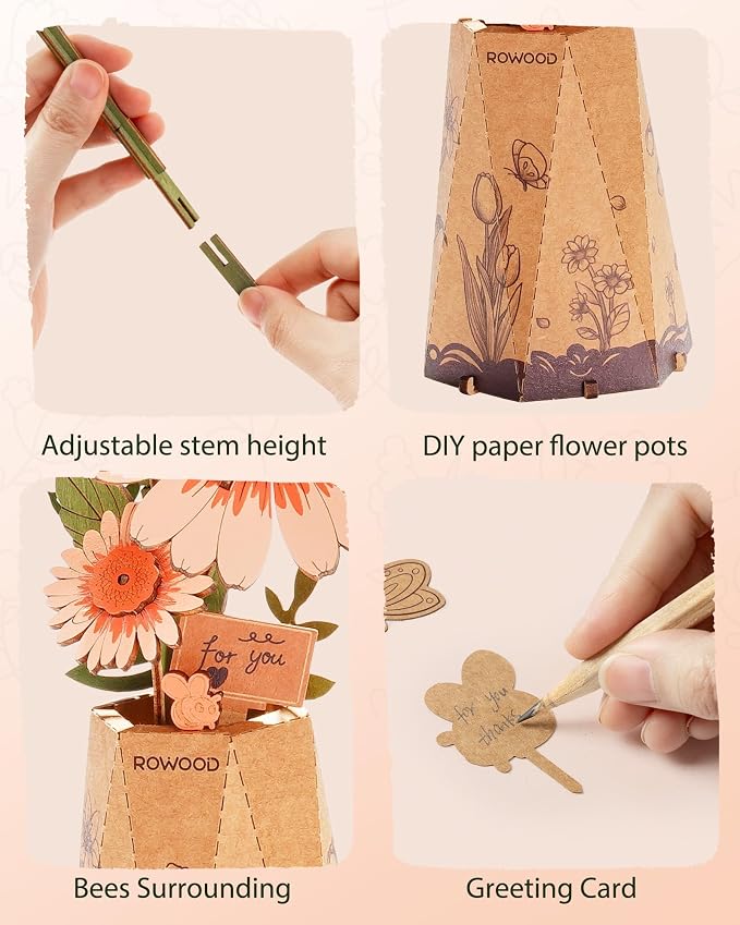 rowood 3D Puzzles for Adults, Mother's Day DIY Wooden Flower Building Set Craft - Image 5