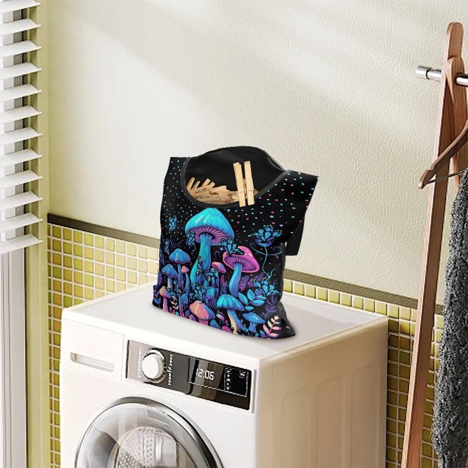 Blue Mushroom Adjustable Door-Hanging Laundry Clothespin Bag Clothespin Storage Bag Laundry Clothespin Bag, Hanging Storage Organizers with Hanging Rope for Home Outdoor
