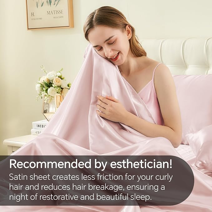 BEDELITE Satin Sheets Queen Size Bed Set, Luxury Soft Pink Silky Sheets - Image 4