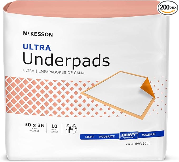 McKesson Underpads Disposable Bed Pads 30" x 36" [200 Count], Heavy Absorbency, Ultra Incontinence Chux Pads for Adults, Elderly, and Baby, Pee Pads