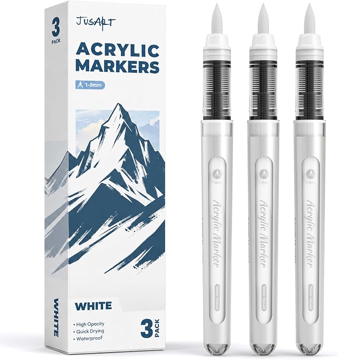 JusArt 3 White Paint Markers Brush Tip, Water-Based No-Bleed Acrylic Markers by JusArt%7CCreativeArtSupplies