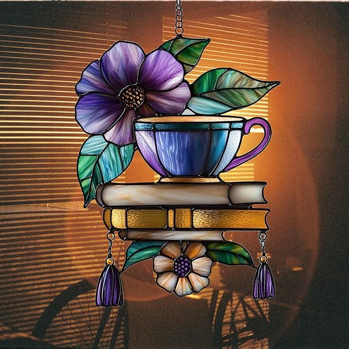 Hibiscus Tea Cup and Books Acrylic Suncatcher Stained Glass Effect Window Car - Image 7