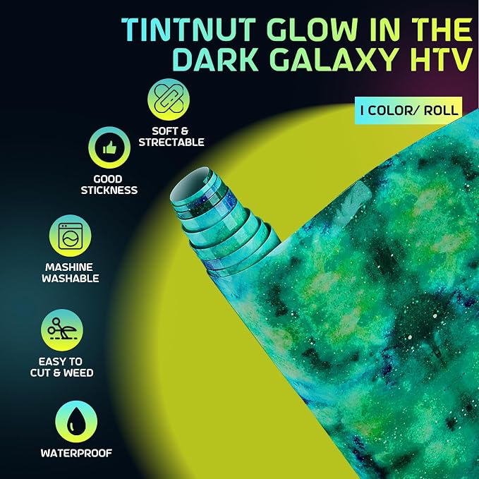 Tintnut Green Galaxy Glow in the Dark HTV Vinyl, stretch washable, suitable - Image 2