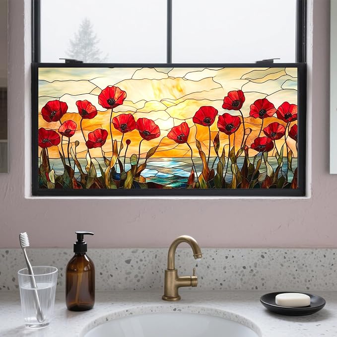 IVN Stained Glass Window Film 39.3x17.7 inch Poppy Flowers Window Privacy Film by IVN