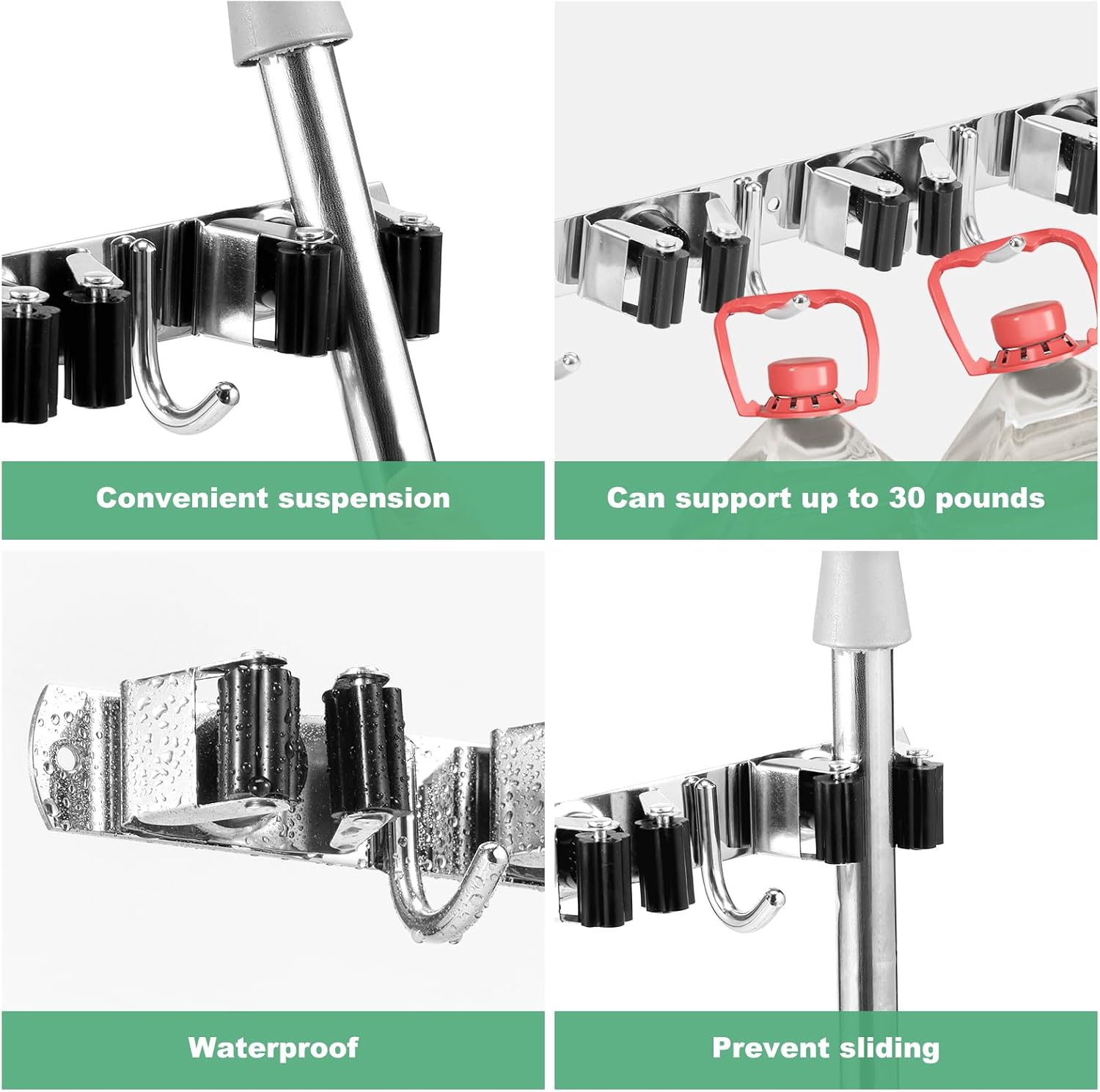 5Pcs 5 Racks 4 Hooks Stainless Steel Broom Mop Holder Anti Slip Wall Mount Broom Storage Rack Strong Load Bearing Waterproof Mop Broom Organizer for Bathroom Kitchen Garage