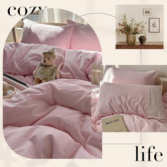 mixinni Pink White Gingham Duvet Cover Twin XL Size - Image 5