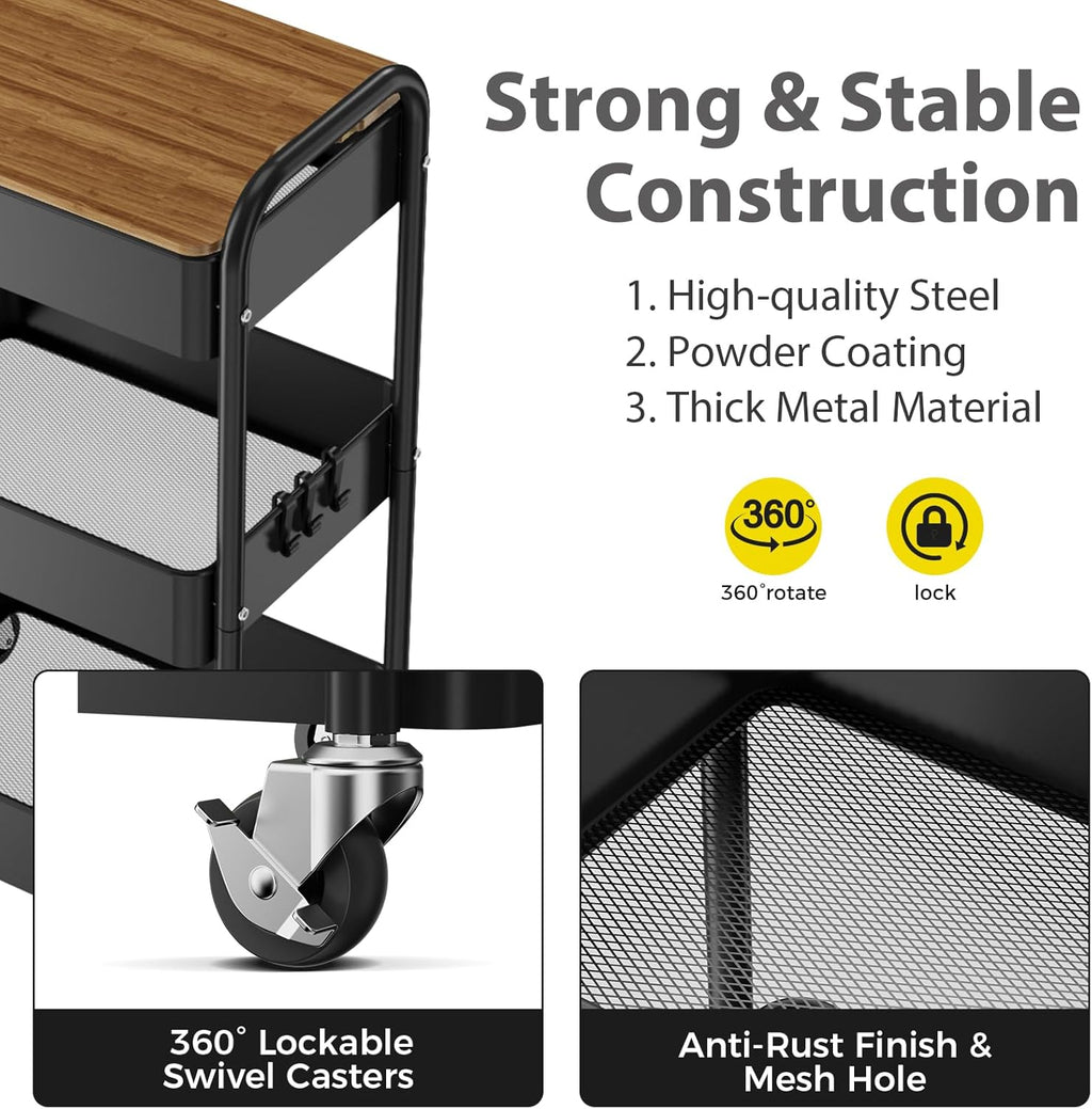 3 Tier Rolling Cart with Table top, Metal Utility Cart, Sturdy Storage Organizer Cart with Locking Wheels & Hooks for Office, Classroom, Kitchen and Bathroom
