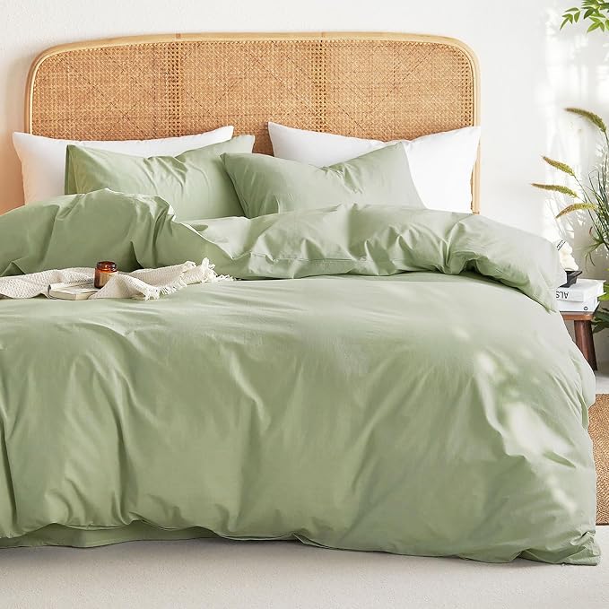 Wake In Cloud - Cotton Duvet Cover Set, Twin Size, Sage Green, 100% Washed by WakeInCloud