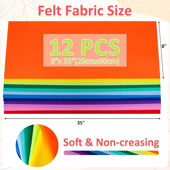 XSEINO 12 Rolls 8"x35" 1.4mm Thick Soft Felt Fabric Sheet 12 Assorted Gradient - Image 3