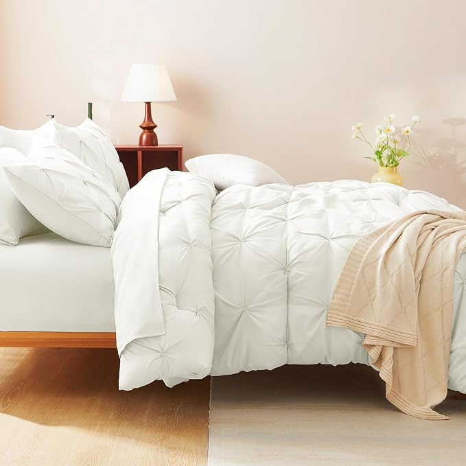 HIMEET Pintuck Bed in a Bag, 7 Pieces Full Size Comforter Set Ivory, Luxury - Image 7