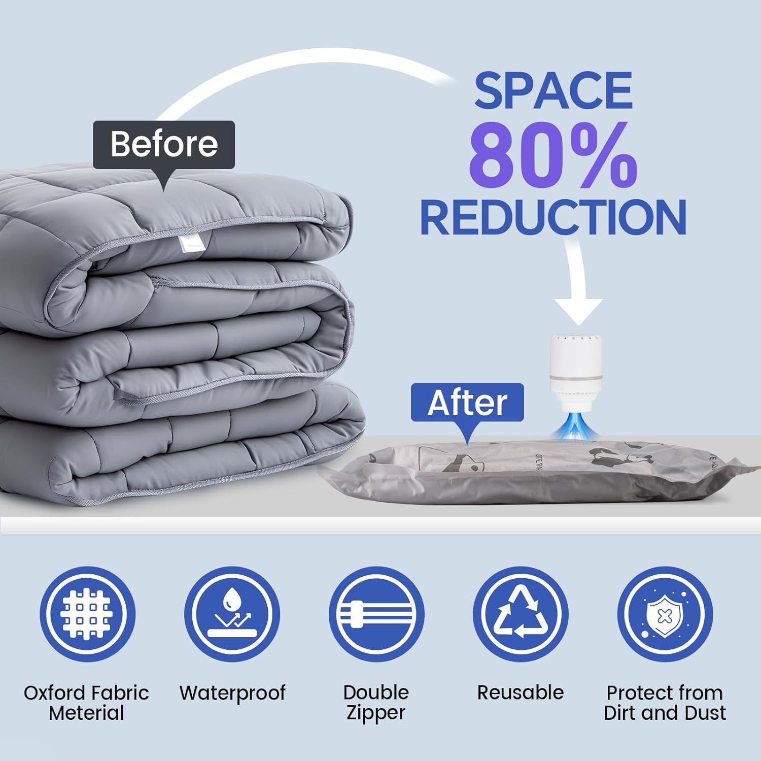 8 Pack Tear-Proof Jumbo Vacuum Storage Bags with Pump, Oxford Fabric Reusable Space Saver Extra Large Vacuum Seal Bags for Clothing, Bedding, Travel Luggage, Blankets and Comforters