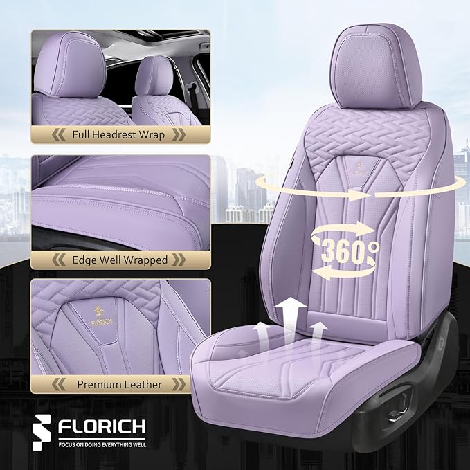 FLORICH Car Seat Covers, Leather Front Seat Cover, Purple Waterproof Seat Covers, Automotive Seat Cover 2 Pack, Luxury Universal Seat Cushion Car Seat Protector Fit for Most Cars Trucks SUVs