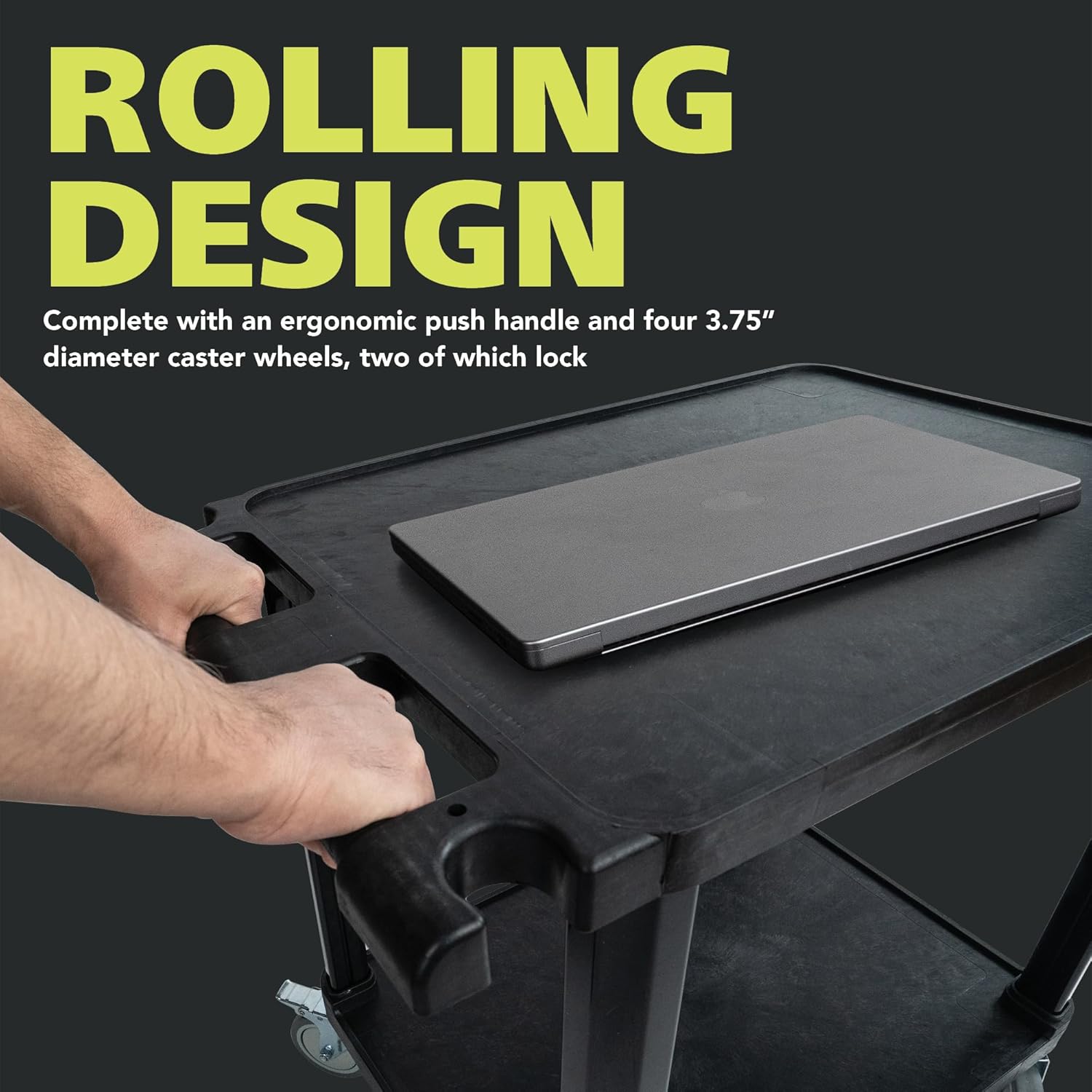 Pearington 2-Tier Compact Multi-Purpose Plastic Utility Cart with Lockable Wheels up to 150lbs, Black