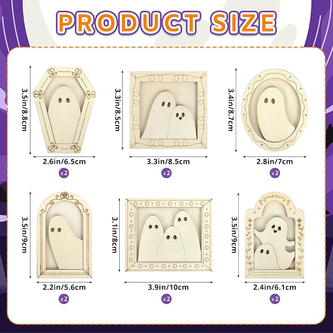 12 Sets Halloween Crafts Kit, Wood Ghost DIY Frames Decoration, Unfinished - Image 2