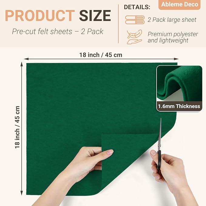 Hunter Green Felt Fabric Sheets 18" x 18" 1.6mm Soft Craft Felt | Soft Precut - Image 2