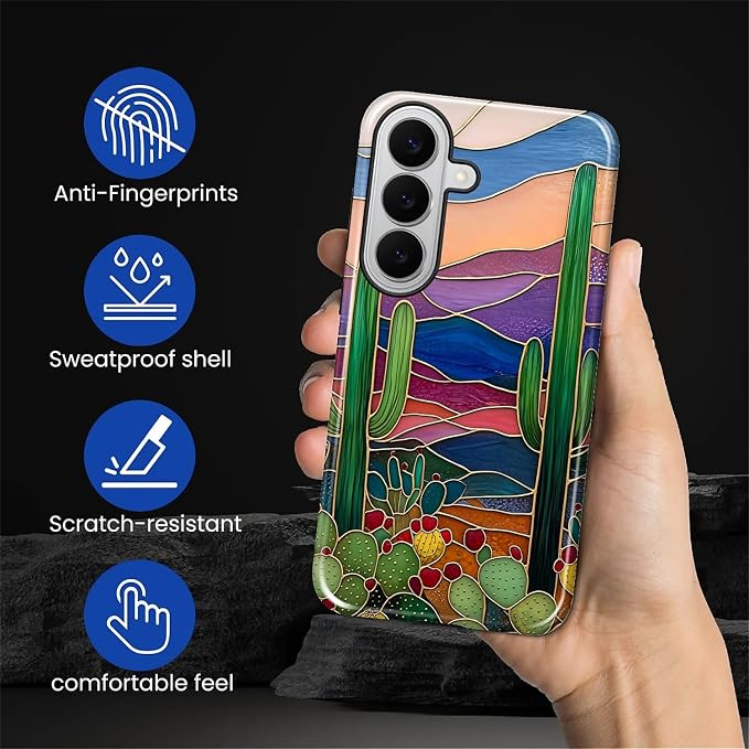 for Samsung Galaxy S26 Case, Stained Glass Cactus Pattern Glossy 2 in 1 - Image 6