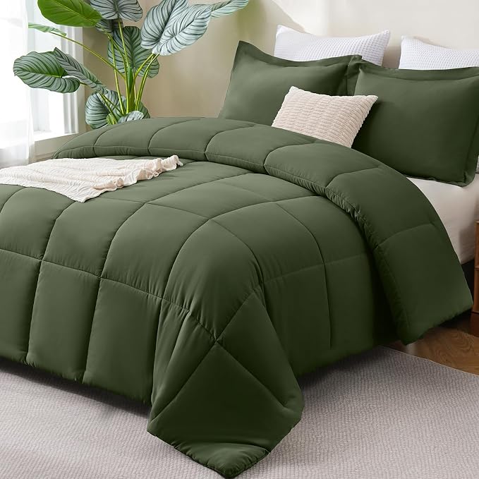 CozyLux Oversized Queen Comforter Set, 3 Pieces Olive Green 98x98 Box Stitched by CozyLux
