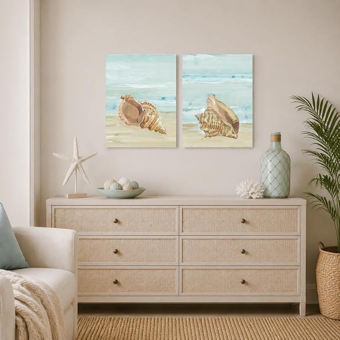 Nautical Seashell Wall Art Beach Wall Decor Ocean Theme Canvas Prints Aqua - Image 5