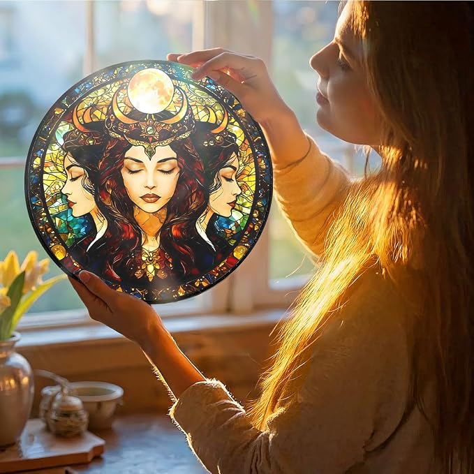 Greatingreat Stained Glass Window Hanging Hecate Triple Moon Goddess, Home Room - Image 2