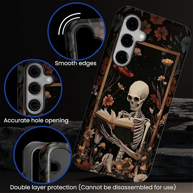 Case for Samsung Galaxy S24 FE Case, Skeleton Reader Goth Floral Design Hybrid - Image 5