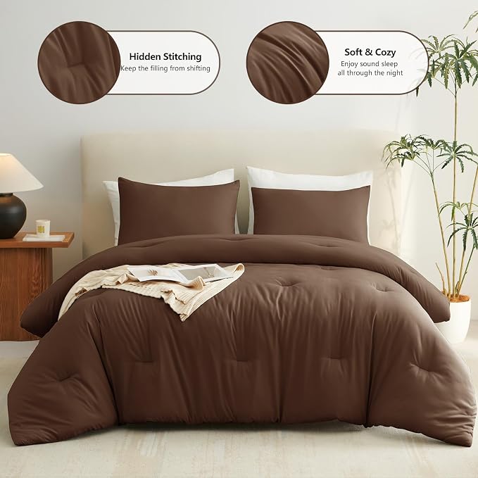 CozyLux Full Size Comforter Set Brown, 3 Pieces Solid Breathable Quilted - Image 2