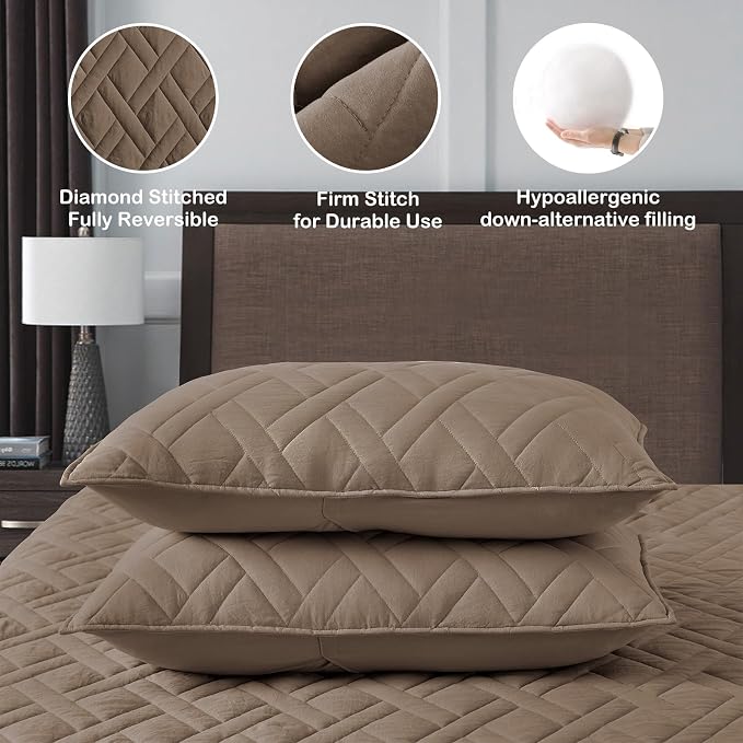 HORIMOTE HOME Quilt Set King Size Pine Bark, Classic Geometric Diamond Stitched - Image 4